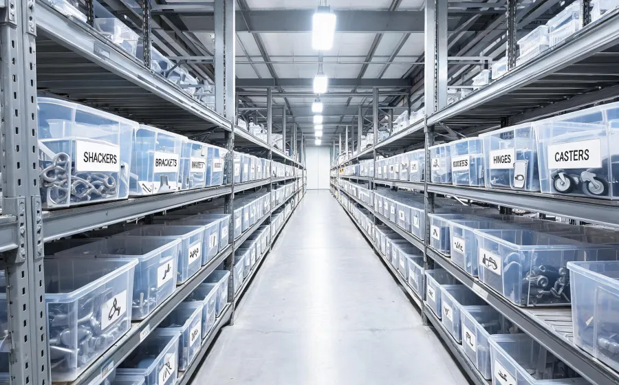 Hardware warehouse with labeled bins